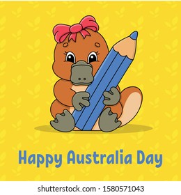 Greeting color square card. Happy Australia Day. Cute cartoon platypus holds a pencil in its paws. January 26th. Funny character. Vector illustration on a colored background.