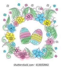 Greeting colorful easter card with hand drawn patterned eggs and  flowers. Vector illustration. eps 10
