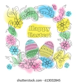 Greeting colorful easter card with hand drawn patterned eggs, flowers and headline "Happy Easter". Vector illustration. eps 10
