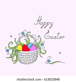 Greeting colorful easter card with hand drawn basket, flowers, easter eggs and handwritten headline "Happy Easter". Vector illustration. eps 10
