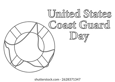 Página de coloração de saudação com desenho de contorno de verão da boia salva-vidas para navio. Dia da Guarda Costeira dos Estados Unidos. Para entreter crianças, verão, náutico, marítimo, celebração preto e branco design banner