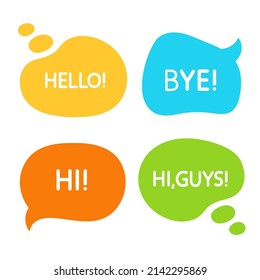 Greeting comic speech bubble icons vector isolated. Online chat clouds with words comment shapes Hi Hello Bye