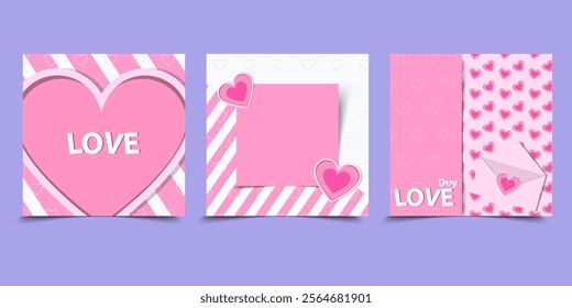 Greeting concept of Happy Valentines Day cards background set. Modern abstract art design with hearts, Design of advertising Pink Valentine’s card set templates with copy space for text.