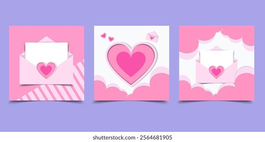 Greeting concept of Happy Valentines Day cards background set. Modern abstract art design with hearts, Design of advertising Pink Valentine’s card set templates with copy space for text.