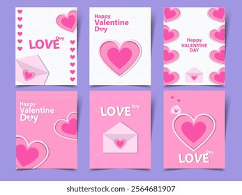 Greeting concept of Happy Valentines Day cards background set. Modern abstract art design with hearts, Design of advertising Pink Valentine’s card set templates with copy space for text.