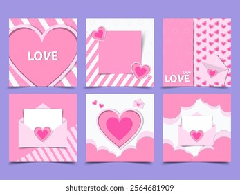 Greeting concept of Happy Valentines Day cards background set. Modern abstract art design with hearts, Design of advertising Pink Valentine’s card set templates with copy space for text.