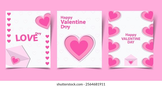 Greeting concept of Happy Valentines Day cards background set. Modern abstract art design with hearts, Design of advertising Pink Valentine’s card set templates with copy space for text.