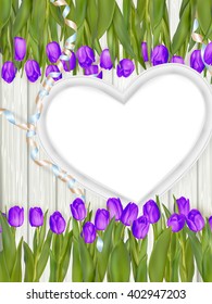 Greeting concept template. Beautiful tulips and heart shape frame. EPS 10 vector file included