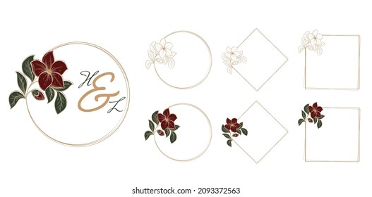 greeting and couple frame vector design in gold color and flower color