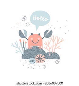 Greeting Crab on Seabed Coral reef vector illustration isolated on white. Hello phrase. Childish pastel colours pre-made poster for coastal nursery. Crustacean tee print design for kids apparel.