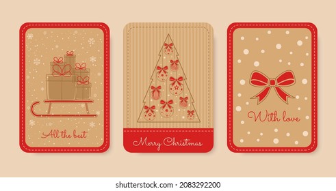 Greeting craft paper cards with red elements. Santa sleigh with gift boxes, Christmas tree with balls, red bow.