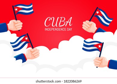 greeting cuba independence day with hand holding flag in cartoon style