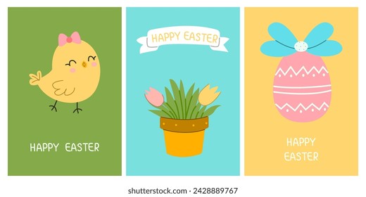 Greeting cute cards for the Easter holiday. Chicken, egg, vase of flowers. For posters, postcards, scrapbooking, stickers