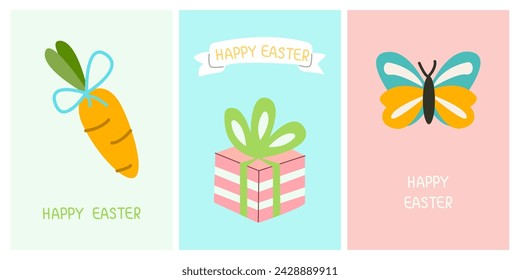 Greeting cute cards for the Easter holiday. Carrot, gift, butterfly. For posters, cards, scrapbooking, stickers