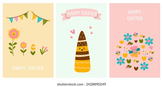 Tarjetas lindas de felicitación para el día de Pascua. Lindas zanahorias, flores de dibujos animados de primavera. Para carteles, postales, álbumes de recortes, pegatinas
