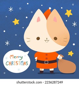 Greeting with cute cartoon cat in Santa costume for winter and christmas on blue background