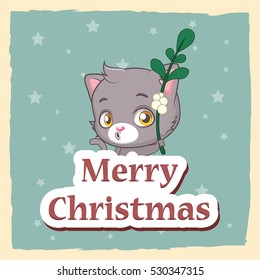 Greeting of a cute cat holding a mistletoe