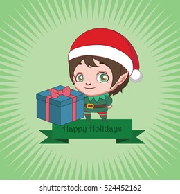 Greeting of a cute elf next to a gift box