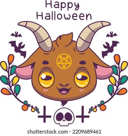 Greeting With Cute Evil Goat And Halloween Decorations