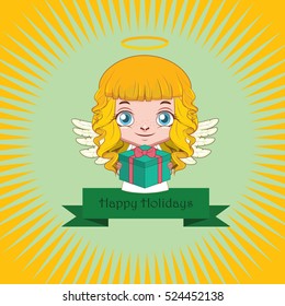 Greeting of cute little angel holding a gift box
