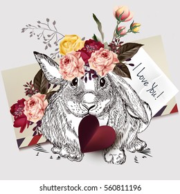 Greeting cute rabbit holding red heart and roses. I love you
