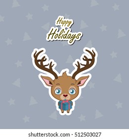 Greeting of a cute reindeer holding a gift