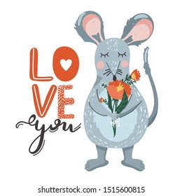 Greeting day card with cute mouse and bouquet of flowers. Stylish typography slogan design "love you" sign. Vector illustration.