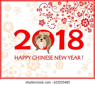 Greeting decorative card with puppy of shi tsu for Chinese New year 2018