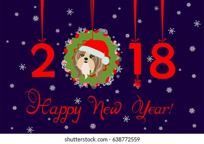 Greeting decorative card with puppy of shi tsu, hanging numbers and paper wreath for Chinese New year 2018