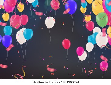 Greeting design balloon colors with realistic flying helium balloons. Celebration, festival background, greeting banner, card, poster.