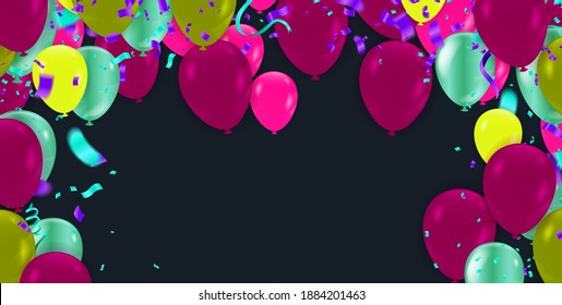 Greeting design balloon colors with realistic flying helium balloons. Celebration, festival background, greeting banner, card, poster.