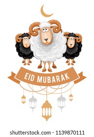 Greeting design for the celebration of Muslim community festival Eid Al Adha. Card with cartoon sacrificial sheeps and arabic lamps. Vector illustration.