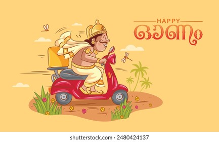 Greeting Design or creative concept for the Happy Onam Festival. King Mahabali Delivering Food, Riding a Red Scooter. Vector Illustration in Cartoon style. 