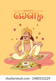 Greeting Design or creative concept for the Happy Onam Festival. King Mahabali Having Sadya (Feast). Vector Illustration in Cartoon style. 