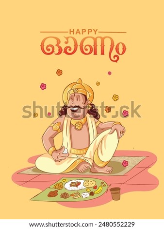 Greeting Design or creative concept for the Happy Onam Festival. King Mahabali Having Sadya (Feast). Vector Illustration in Cartoon style. 
