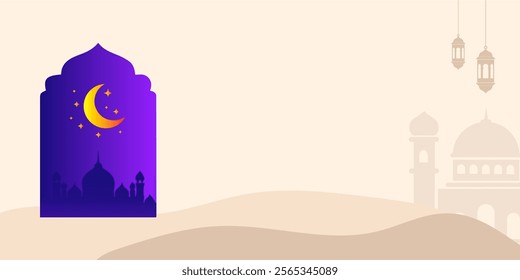 Greeting Design for Culture or Islamic, Ramadan Kareem concept poster card background set, mosque window on purple blue and red background with copy space.