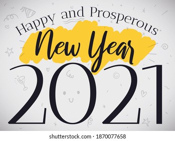 Greeting design with cute doodles and number '0' with smiling baby face, for 2021 New Year celebration.