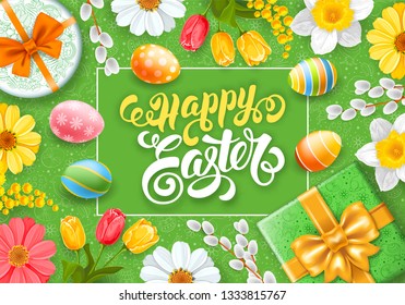 Greeting design for Easter holidays. Cute gifts, colored eggs, willow branches and spring flowers create a festive cheerful mood. Doodle easter elements on green background. Vector illustration.