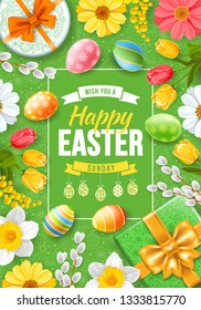 Greeting design for Easter holidays. Cute gifts, colored eggs, willow branches and spring flowers create a festive cheerful mood. Doodle easter elements on green background. Vector illustration.