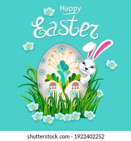 Greeting design for Easter holidays.A cute rabbit peeks out from behind a colorful egg surrounded by spring grass and blue and white flowers .Vector template for cards,banner,posters and other users.