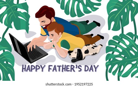 Greeting design for Father's Day with leaves monstera.Dad, teenage son and little dog lie in a row on the surface and look at the laptop screen.Happy family smiling cheerfully.Vector illustration.