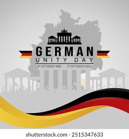 Greeting Design of German Unity Day 2024 with Brandenburg Gate and German Map Illustration. "Tag der Deutschen Einheit". Translation : German Unification Day.  Vector Illustration