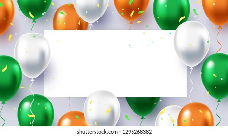 Greeting design in green, orange and white colors with realistic flying balloons. Celebration, festival background. Banner or poster with white, orange and green helium balloons