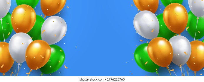 Greeting design in green, orange and white colors with 3d realistic flying balloons on blue background. Celebration, festival backdrop. Banner or poster with white, orange and green helium balloons