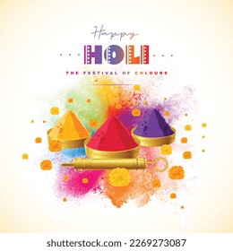 Greeting design for Holi festival. Along with the illustration of plates with colour powder. 