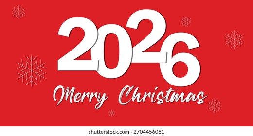 "Weihnachtsgrußdesign mit großer weißer Typografie "2026" auf rotem Hintergrund, verziert mit weißen Schneeflocken und einem handgeschriebenen Text "Frohe Weihnachten". Festliche, saubere und moderne Weihnachtsgestaltung."
