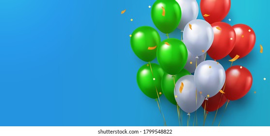 Greeting design in national green, white and red colors with realistic flying helium balloons on blue. Celebration, festival background, greeting banner, card, poster.