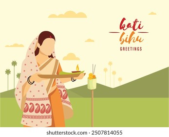 Greeting design template for Kati Bihu Festival In Assam. Illustration of a woman in Traditional Assamese dress.