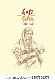Greeting design template for Kati Bihu Festival In Assam. Illustration of a woman in Traditional Assamese dress lighting the lamp.
