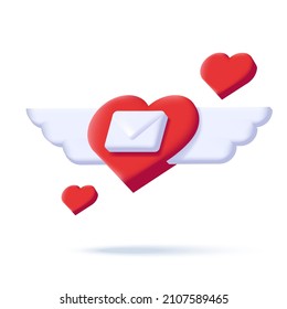 Greeting digital isometric 3d icon of flying hearts with wings and love letter envelope